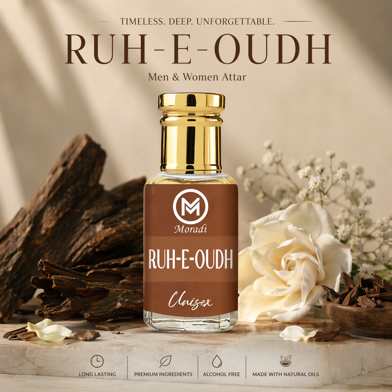 Moradi Ruh e oudh Attar men fragrance oil bottle