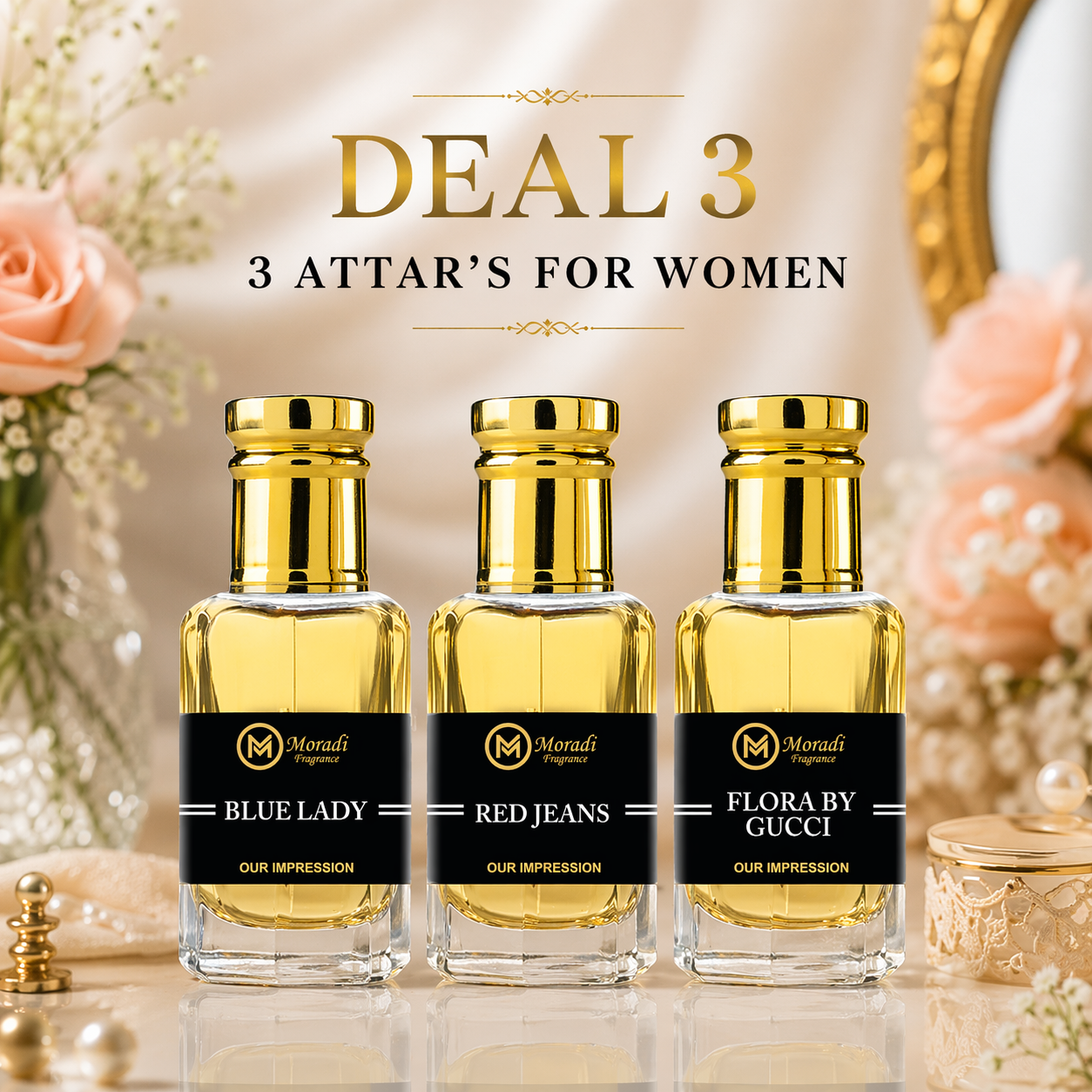 Moradi 3 Attar set for women elegant fragrance oils